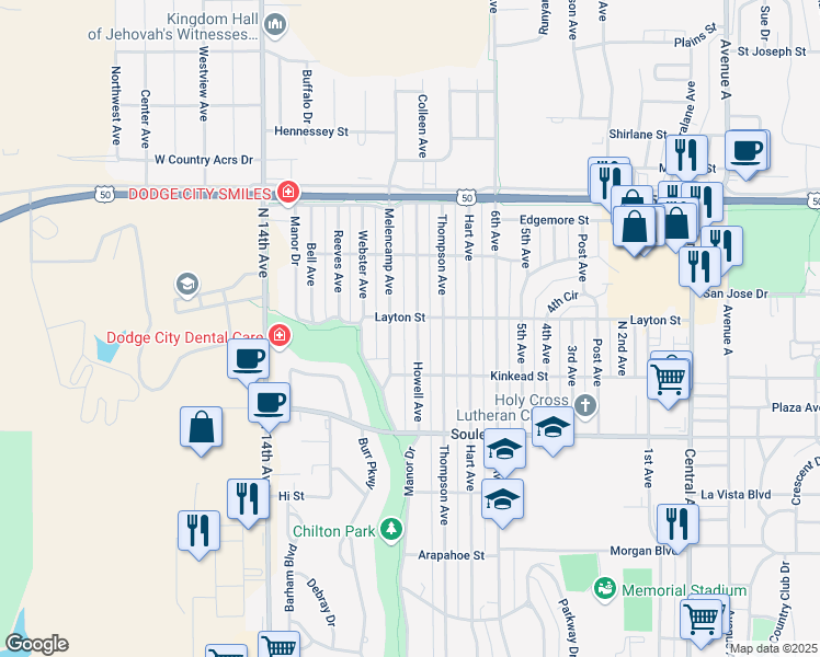 map of restaurants, bars, coffee shops, grocery stores, and more near 2321 Howell Avenue in Dodge City