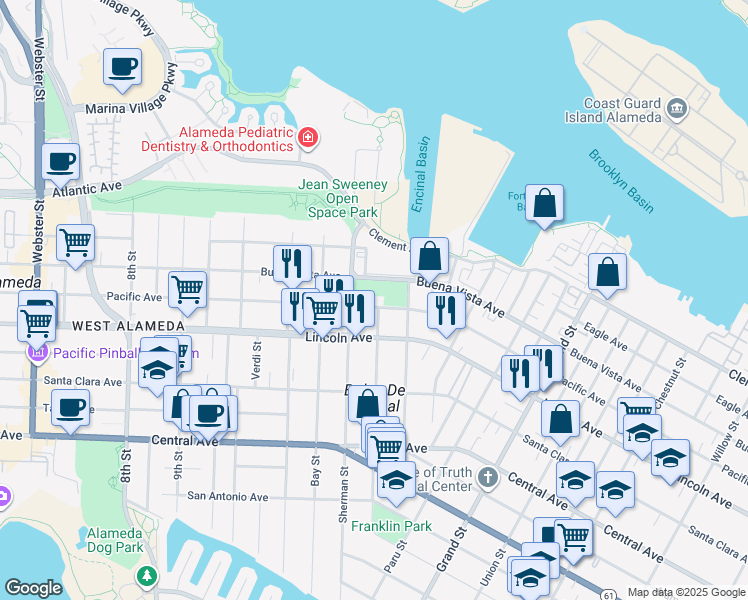 map of restaurants, bars, coffee shops, grocery stores, and more near 1321 Pacific Avenue in Alameda