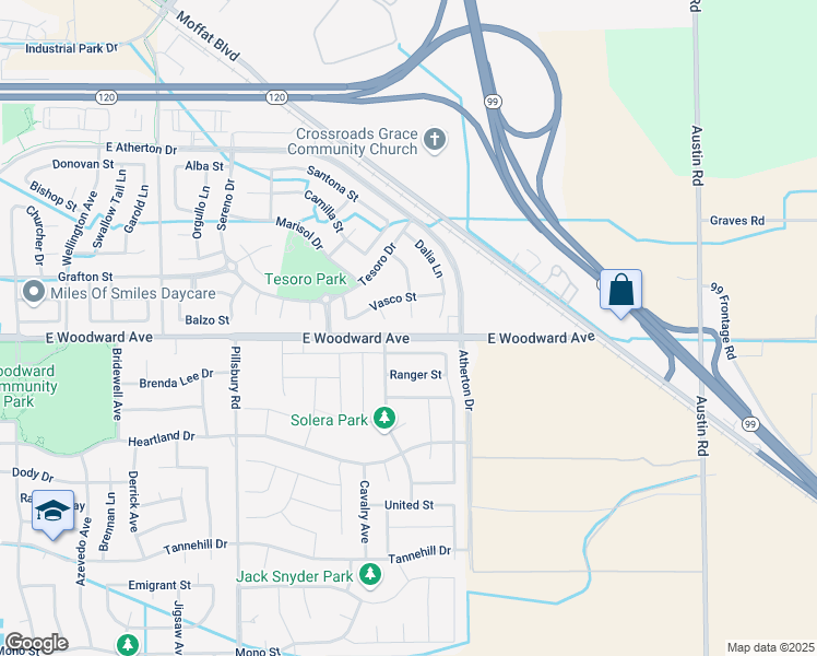 map of restaurants, bars, coffee shops, grocery stores, and more near 1789 Tasca Place in Manteca