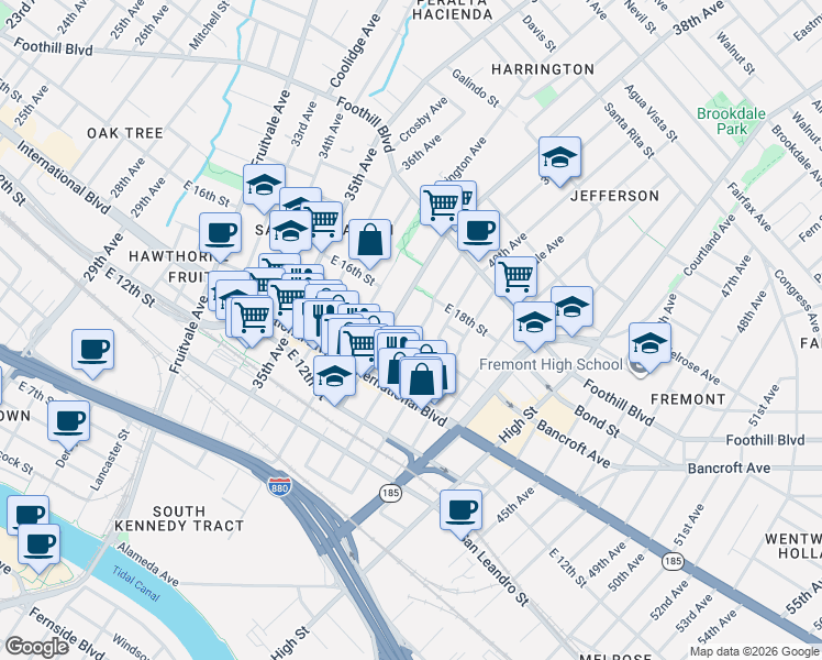map of restaurants, bars, coffee shops, grocery stores, and more near 1601 39th Avenue in Oakland