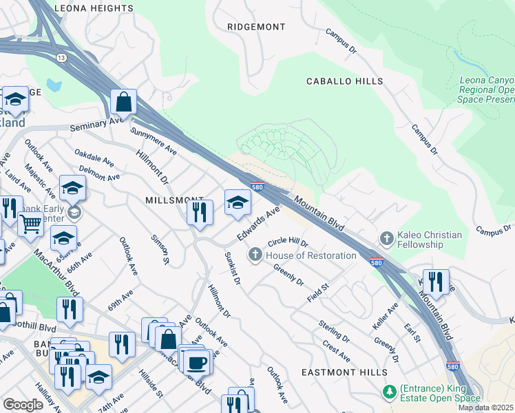 map of restaurants, bars, coffee shops, grocery stores, and more near 4046 Burckhalter Avenue in Oakland