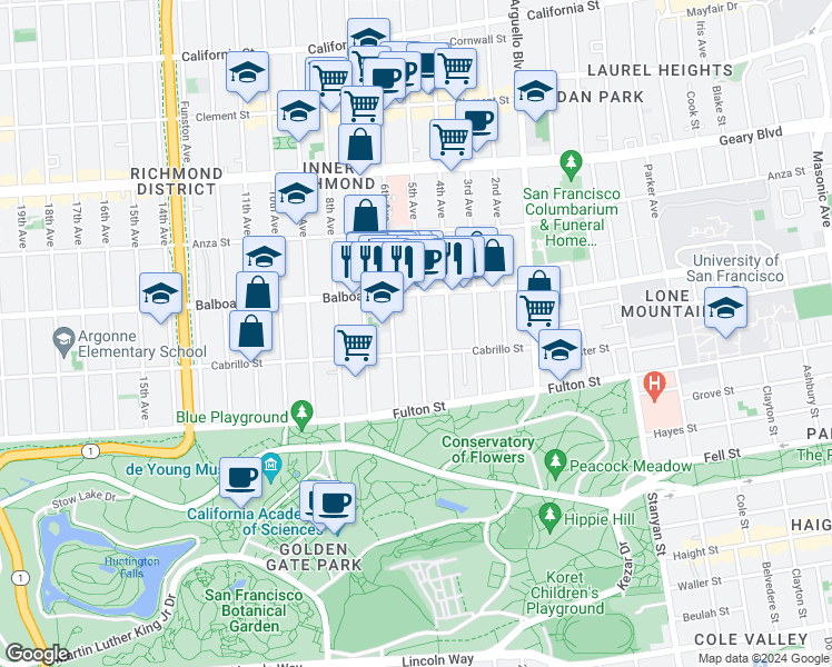 map of restaurants, bars, coffee shops, grocery stores, and more near 667 5th Avenue in San Francisco