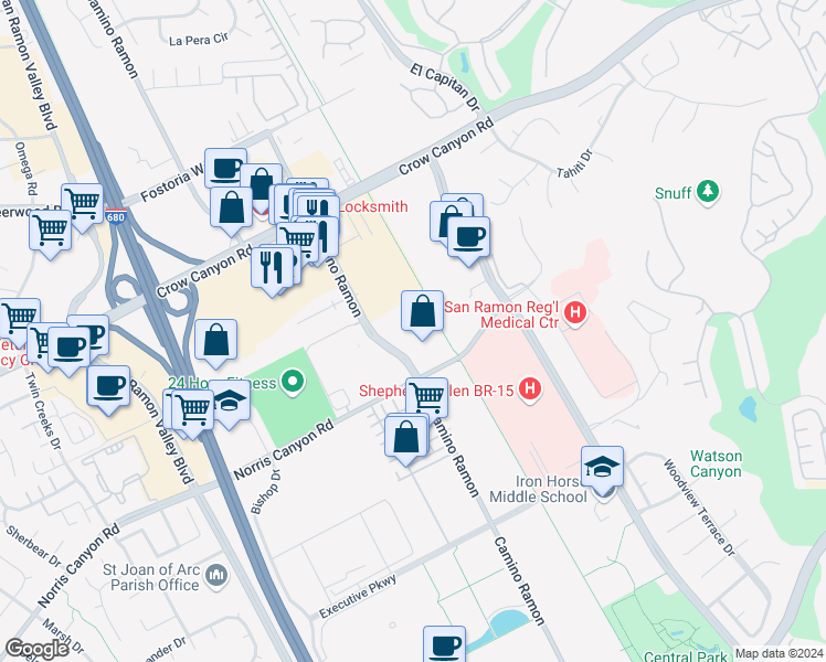 map of restaurants, bars, coffee shops, grocery stores, and more near 2301 Camino Ramon in San Ramon