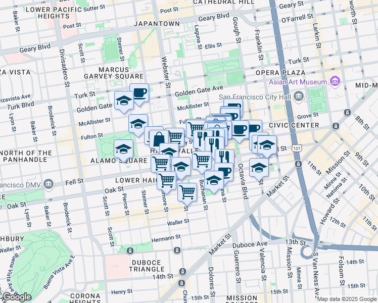 map of restaurants, bars, coffee shops, grocery stores, and more near 717 Hayes Street in San Francisco