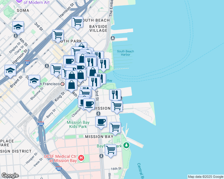 map of restaurants, bars, coffee shops, grocery stores, and more near 429 Terry A Francois Boulevard in San Francisco