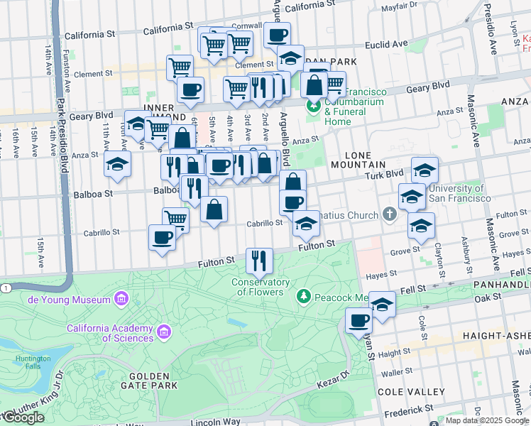 map of restaurants, bars, coffee shops, grocery stores, and more near 675 2nd Avenue in San Francisco