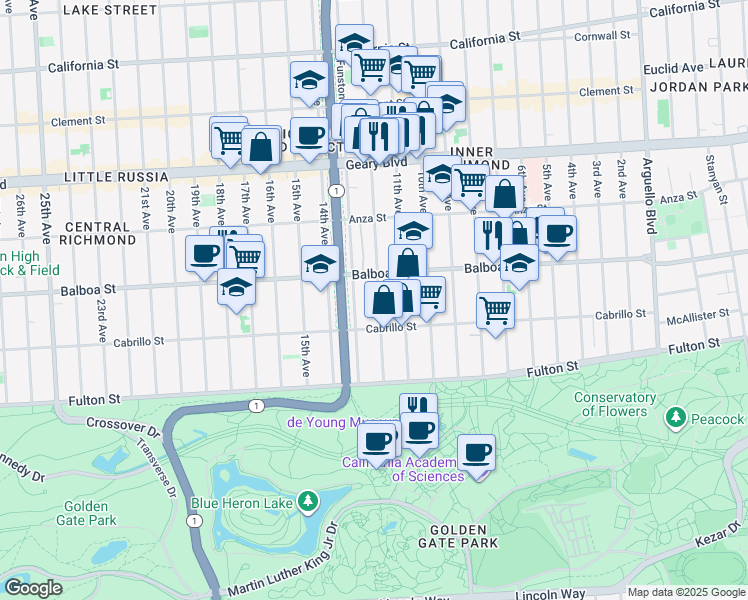map of restaurants, bars, coffee shops, grocery stores, and more near 649 12th Avenue in San Francisco