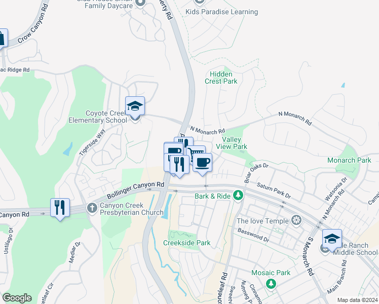 map of restaurants, bars, coffee shops, grocery stores, and more near in San Ramon