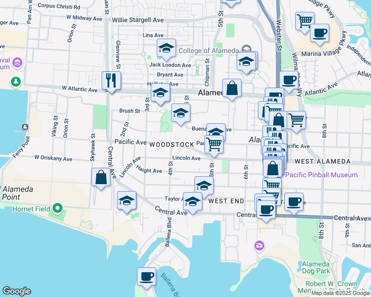 map of restaurants, bars, coffee shops, grocery stores, and more near 426 Marshall Way in Alameda