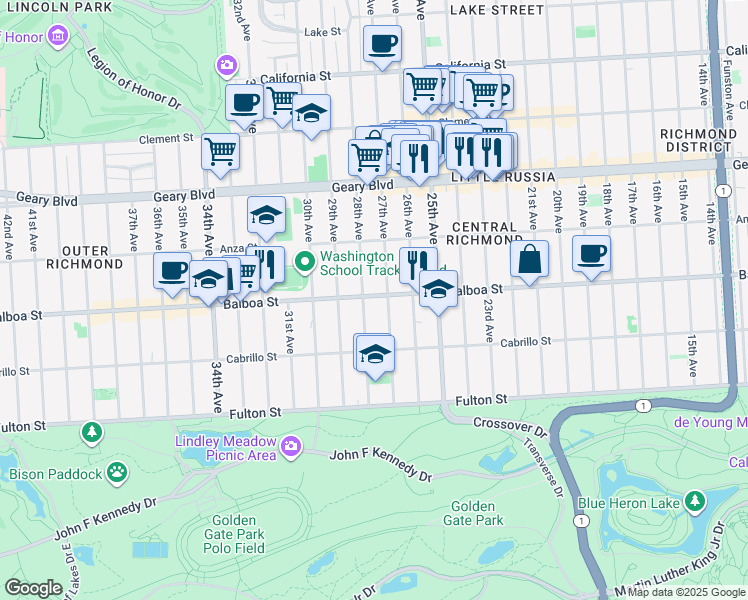 map of restaurants, bars, coffee shops, grocery stores, and more near 2631 Balboa Street in San Francisco