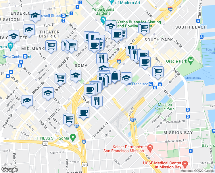 map of restaurants, bars, coffee shops, grocery stores, and more near 150 Morris Street in San Francisco