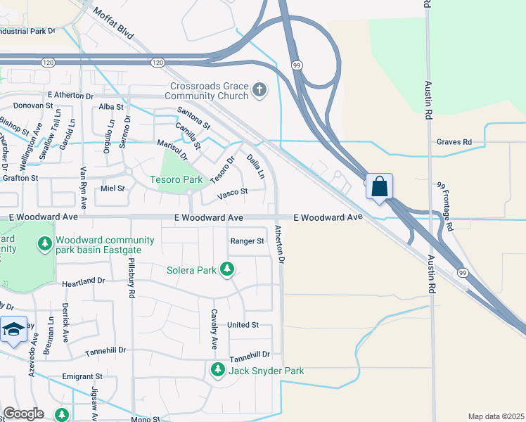 map of restaurants, bars, coffee shops, grocery stores, and more near 1790 Dalia Place in Manteca