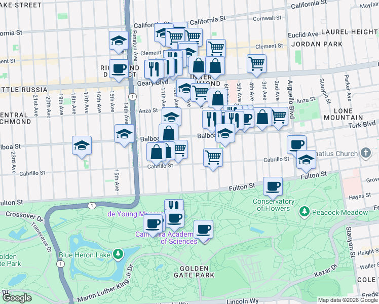 map of restaurants, bars, coffee shops, grocery stores, and more near 655 9th Avenue in San Francisco