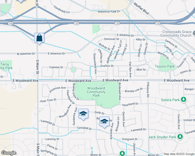 map of restaurants, bars, coffee shops, grocery stores, and more near 794 Wynyard Circle in Manteca