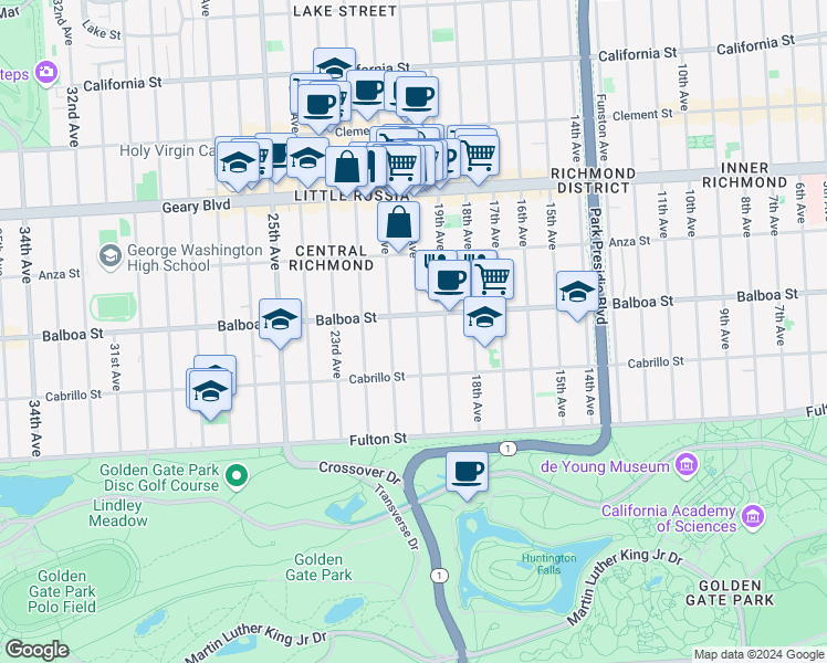 map of restaurants, bars, coffee shops, grocery stores, and more near 623 20th Avenue in San Francisco
