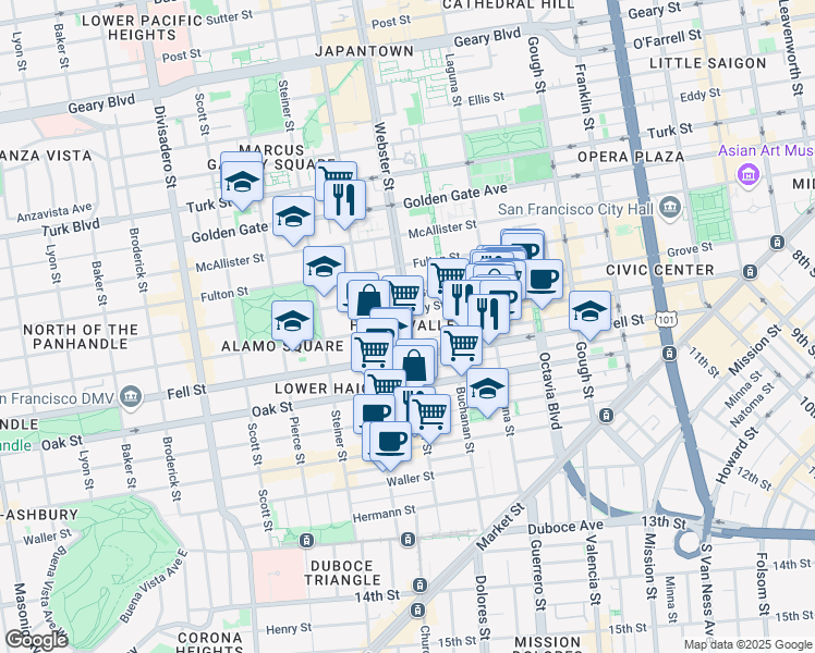 map of restaurants, bars, coffee shops, grocery stores, and more near Webster St & Hayes St in San Francisco