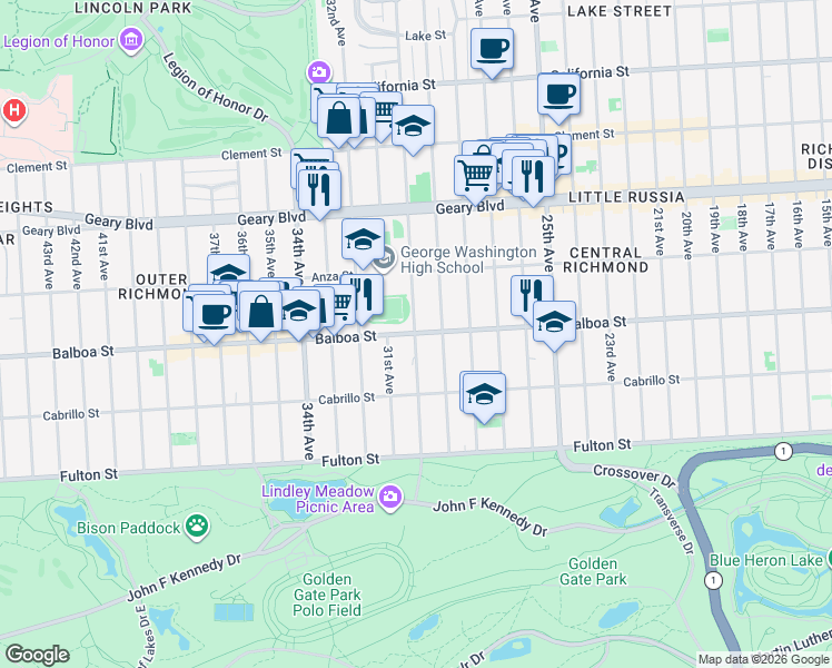 map of restaurants, bars, coffee shops, grocery stores, and more near Balboa Street & 30th Avenue in San Francisco