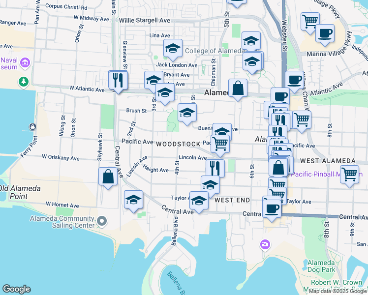 map of restaurants, bars, coffee shops, grocery stores, and more near in Alameda