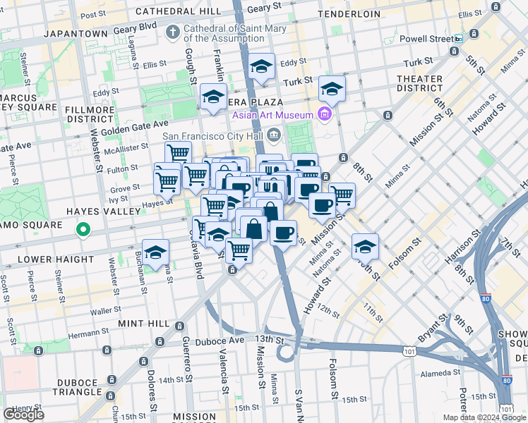map of restaurants, bars, coffee shops, grocery stores, and more near 50 Oak Street in San Francisco