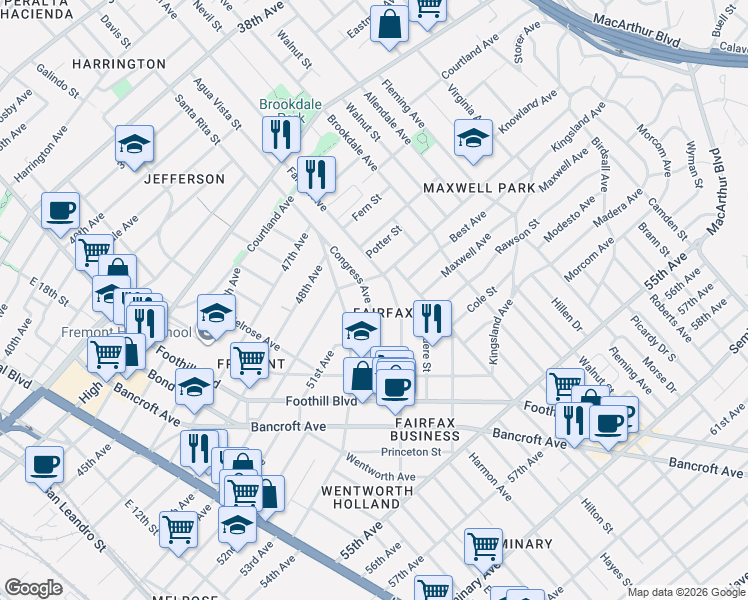 map of restaurants, bars, coffee shops, grocery stores, and more near 5030 Congress Avenue in Oakland
