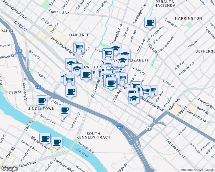 map of restaurants, bars, coffee shops, grocery stores, and more near 3340 East 12th Street in Oakland