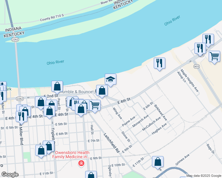 map of restaurants, bars, coffee shops, grocery stores, and more near 1415 East 4th Street in Owensboro