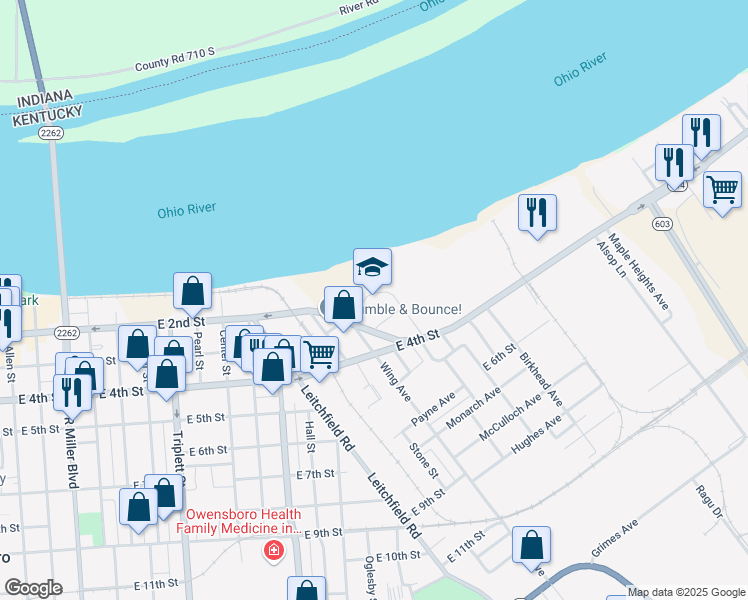 map of restaurants, bars, coffee shops, grocery stores, and more near 1415 East 4th Street in Owensboro