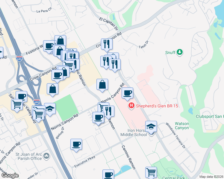 map of restaurants, bars, coffee shops, grocery stores, and more near 4708 Norris Canyon Road in San Ramon