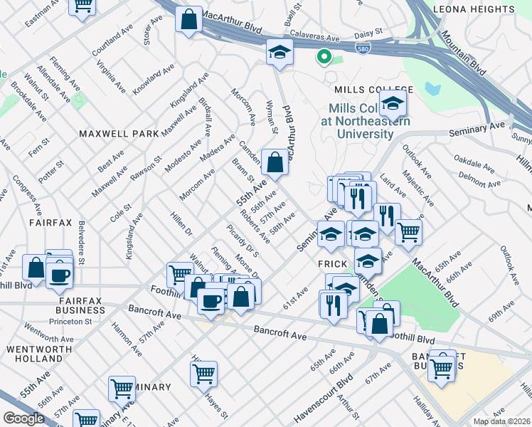 map of restaurants, bars, coffee shops, grocery stores, and more near 2939 57th Avenue in Oakland