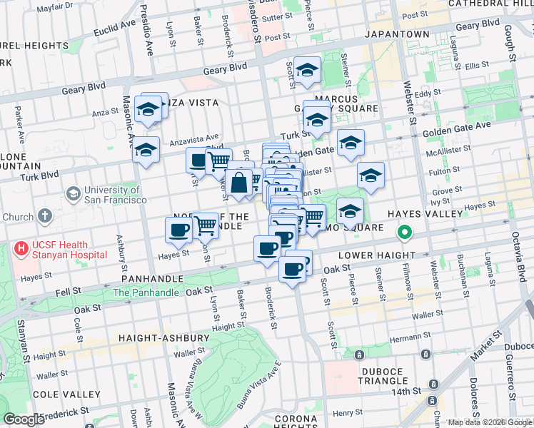 map of restaurants, bars, coffee shops, grocery stores, and more near 1335 Fulton Street in San Francisco