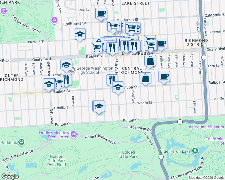 map of restaurants, bars, coffee shops, grocery stores, and more near 731 26th Avenue in San Francisco