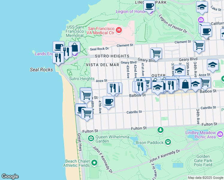 map of restaurants, bars, coffee shops, grocery stores, and more near 659 45th Avenue in San Francisco