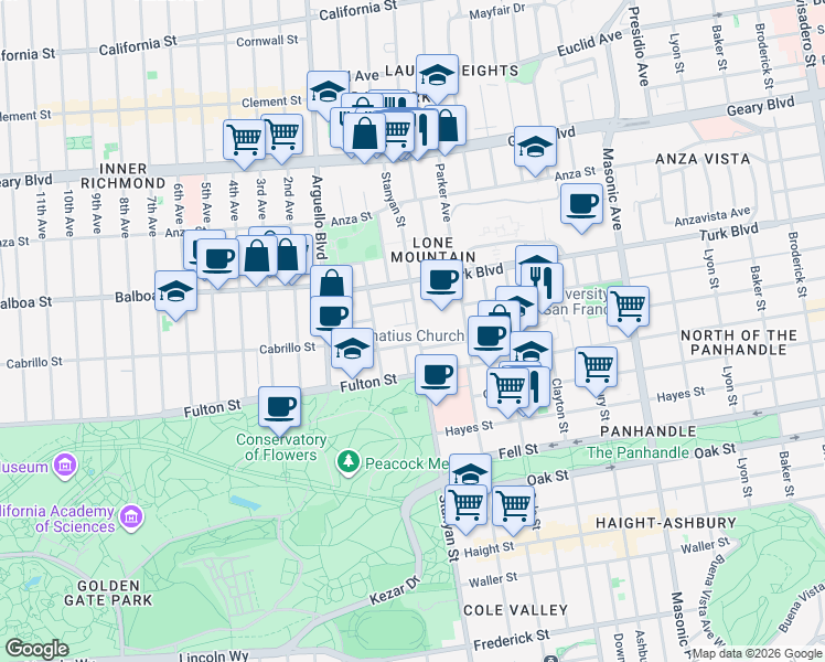 map of restaurants, bars, coffee shops, grocery stores, and more near 275 Stanyan Street in San Francisco