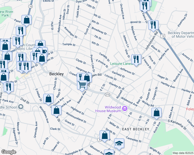 map of restaurants, bars, coffee shops, grocery stores, and more near 94 Stanley Street in Beckley