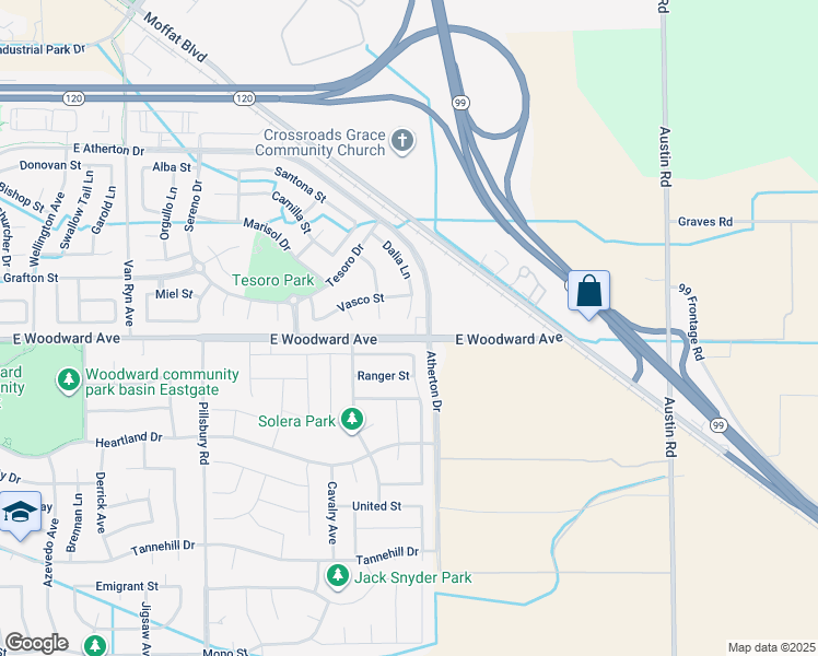 map of restaurants, bars, coffee shops, grocery stores, and more near 1790 Dalia Place in Manteca