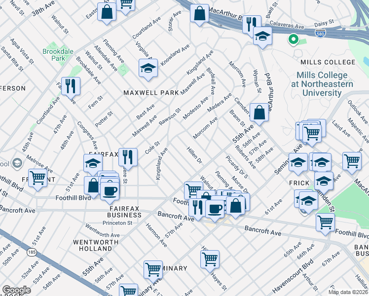 map of restaurants, bars, coffee shops, grocery stores, and more near 5251 Hillen Drive in Oakland