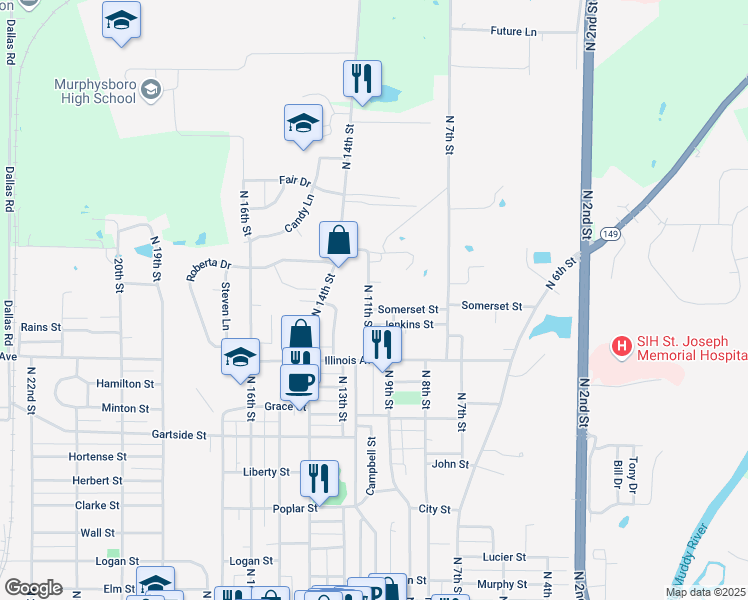 map of restaurants, bars, coffee shops, grocery stores, and more near 1104 North 11th Street in Murphysboro