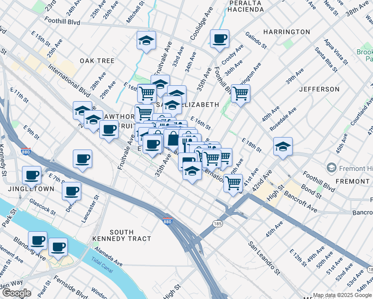 map of restaurants, bars, coffee shops, grocery stores, and more near 1414 36th Avenue in Oakland