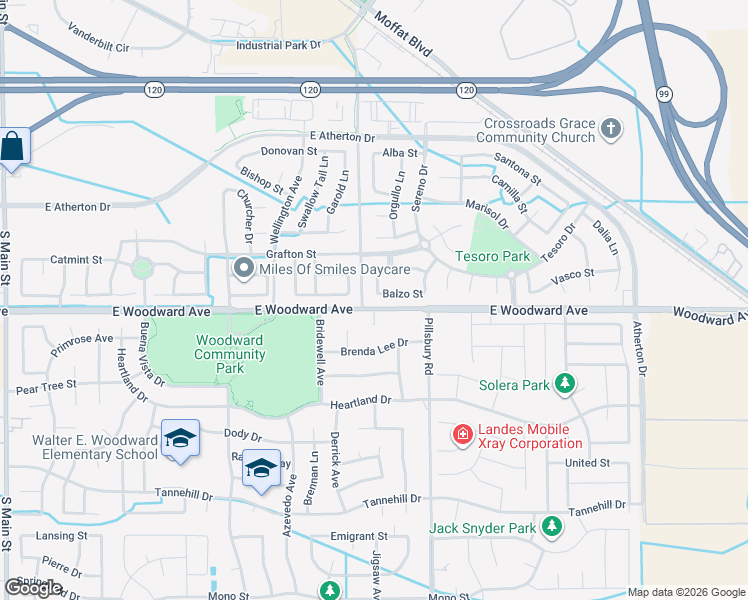 map of restaurants, bars, coffee shops, grocery stores, and more near 1038 Balzo Street in Manteca