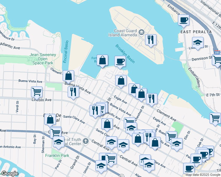 map of restaurants, bars, coffee shops, grocery stores, and more near 1670 Larkspur Street in Alameda