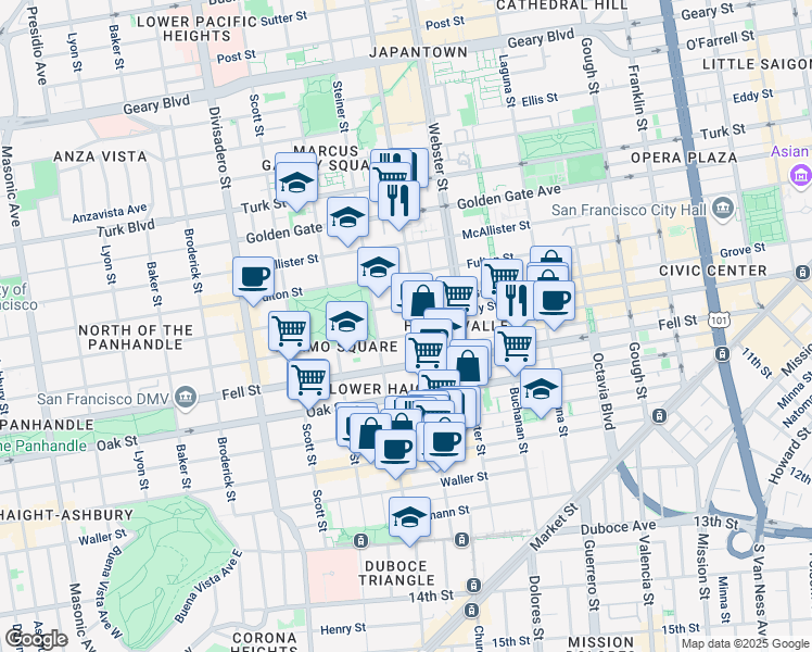 map of restaurants, bars, coffee shops, grocery stores, and more near 930 Hayes Street in San Francisco