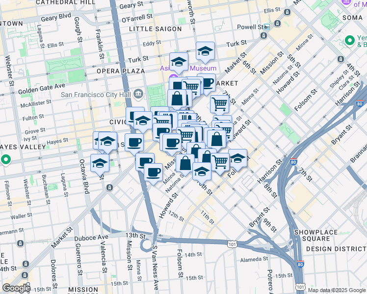 map of restaurants, bars, coffee shops, grocery stores, and more near 1321 Mission Street in San Francisco