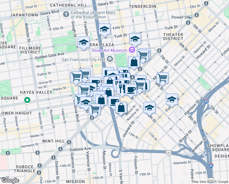 map of restaurants, bars, coffee shops, grocery stores, and more near 9 Fell Street in San Francisco