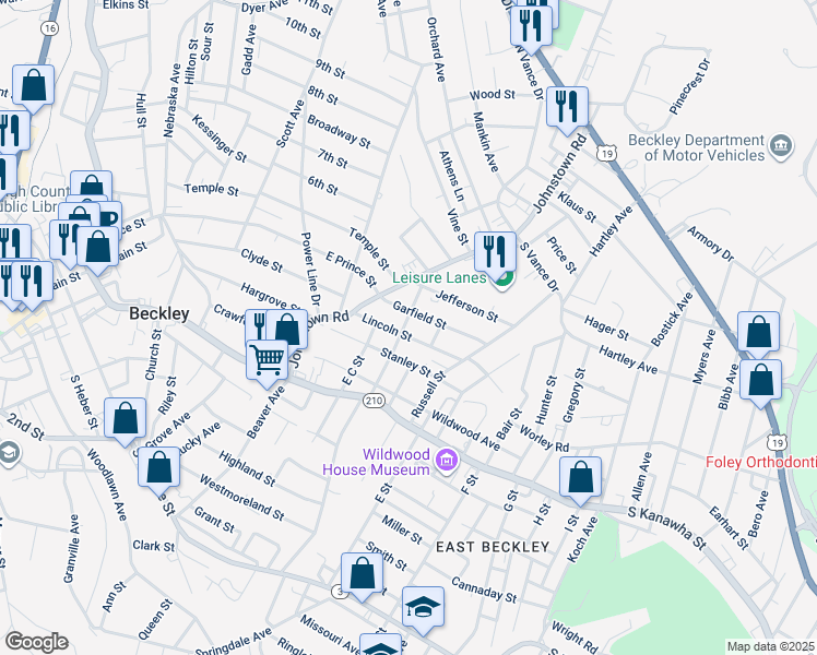 map of restaurants, bars, coffee shops, grocery stores, and more near 402 Mc Ginnis Street in Beckley