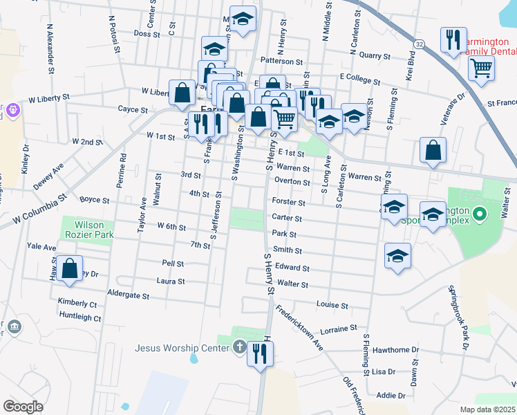 map of restaurants, bars, coffee shops, grocery stores, and more near 101 Carter Street in Farmington