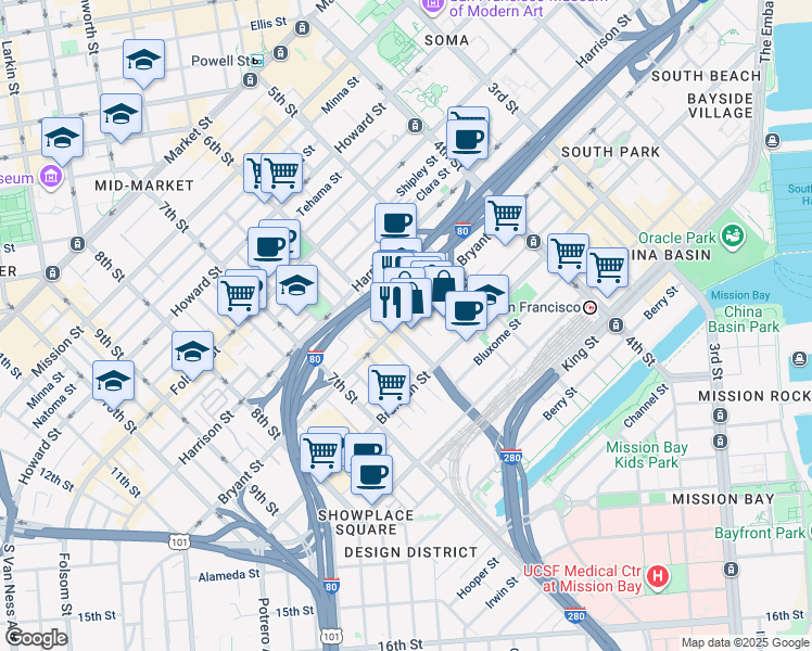 map of restaurants, bars, coffee shops, grocery stores, and more near 150 Morris Street in San Francisco