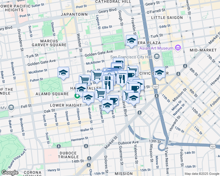 map of restaurants, bars, coffee shops, grocery stores, and more near 542 Laguna Street in San Francisco