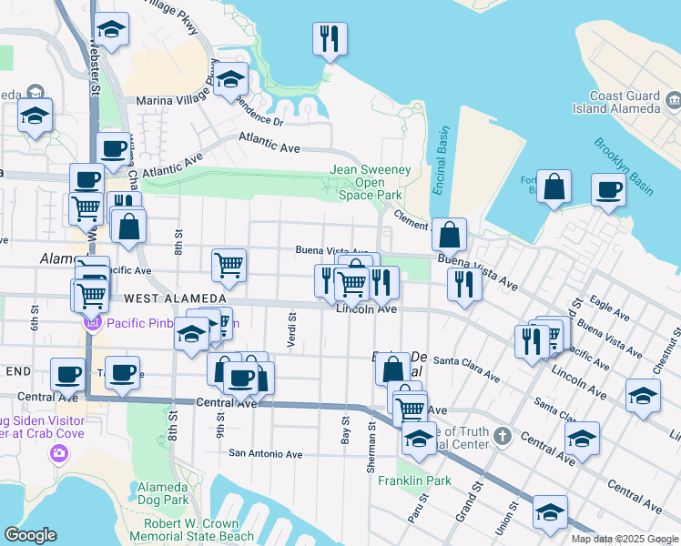 map of restaurants, bars, coffee shops, grocery stores, and more near 1135 Pacific Avenue in Alameda