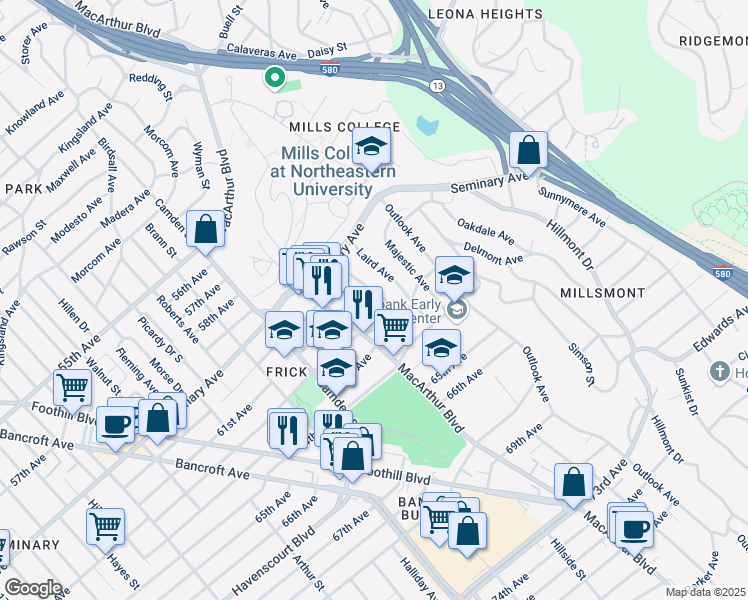 map of restaurants, bars, coffee shops, grocery stores, and more near 6130 Monadnock Way in Oakland
