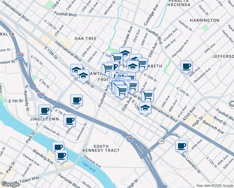 map of restaurants, bars, coffee shops, grocery stores, and more near 3340 East 12th Street in Oakland